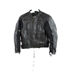 First Racing Men's XL Leather Motorcycle Jacket Black Silver Padded Armor Biker